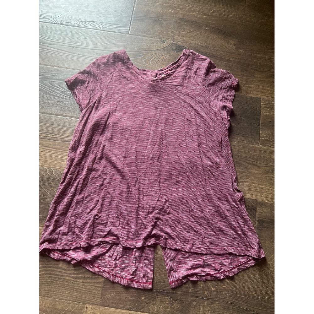 Ruff Hewn Womens Plus 1X Burgundy Striped Button Back Short Sleeve Knit Top